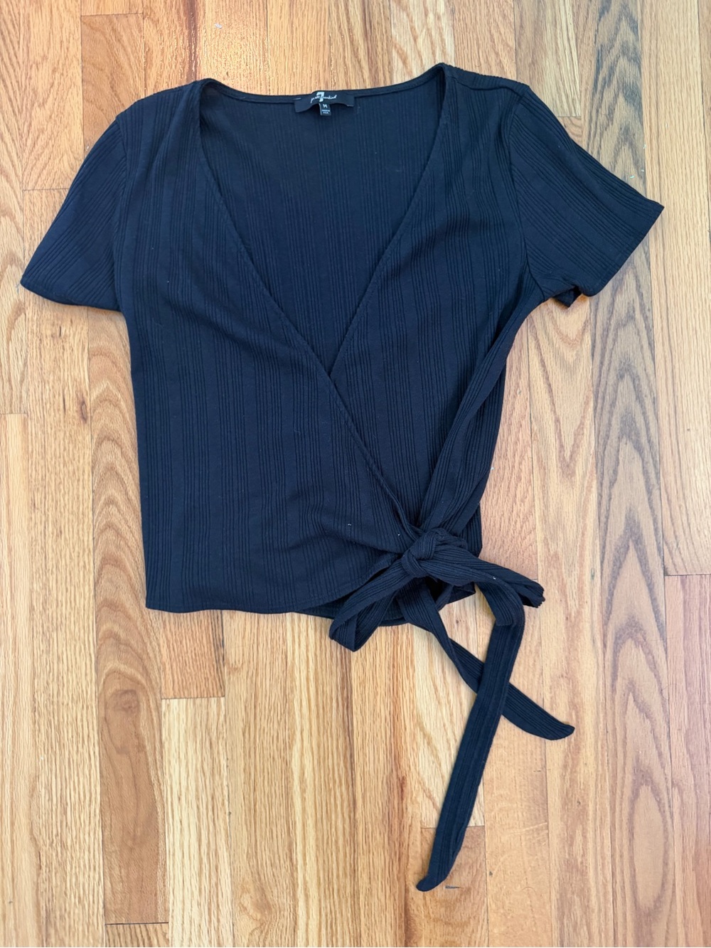7 For All Mankind Black Ribbed Wrap Crop Top with Side Tie